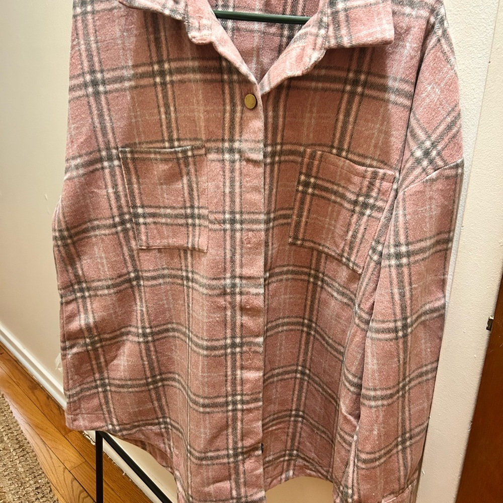 Amazon Women's Pink Plaid Button Down Shirt